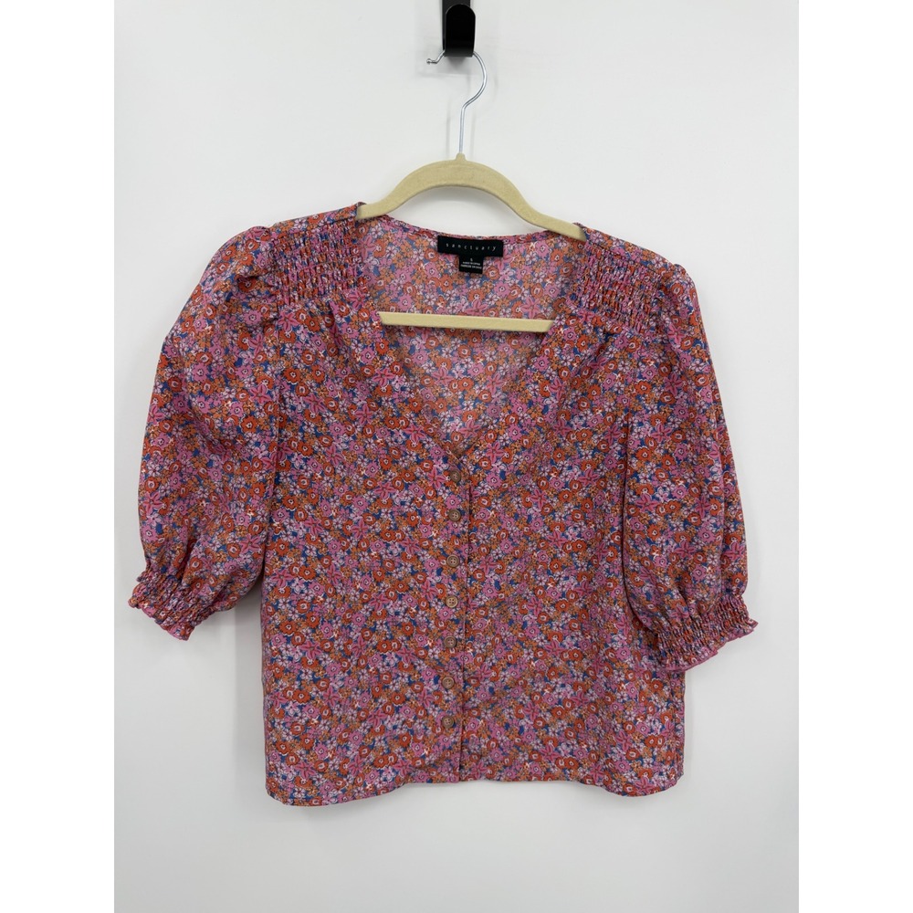 Sanctuary it's a must Floral Button Front Blouse sz S Pink Orange Puff Sleeve
